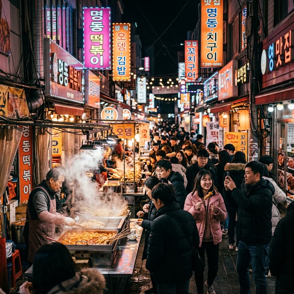 Korean street food market at night